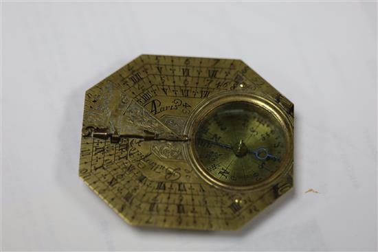 A French brass Butterfield pattern sundial, 2.5in., in original leather case
